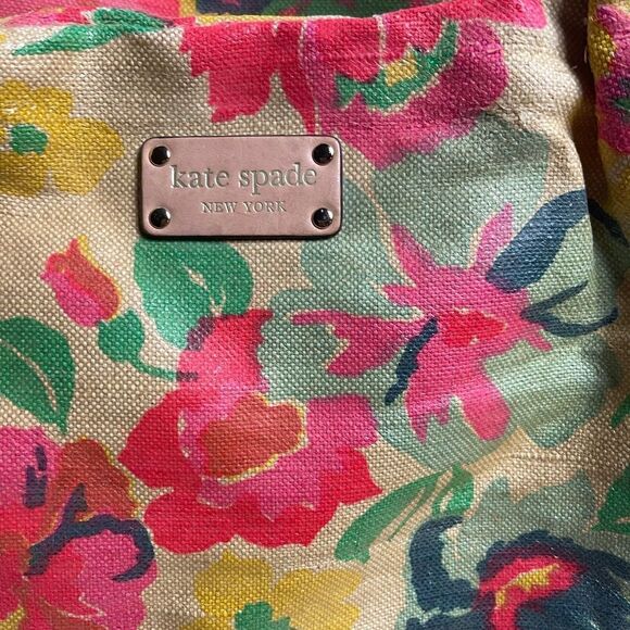 Kate Spade Burlap painted floral prints shoulder bag tan leather straps &trims - Picture 7 of 16